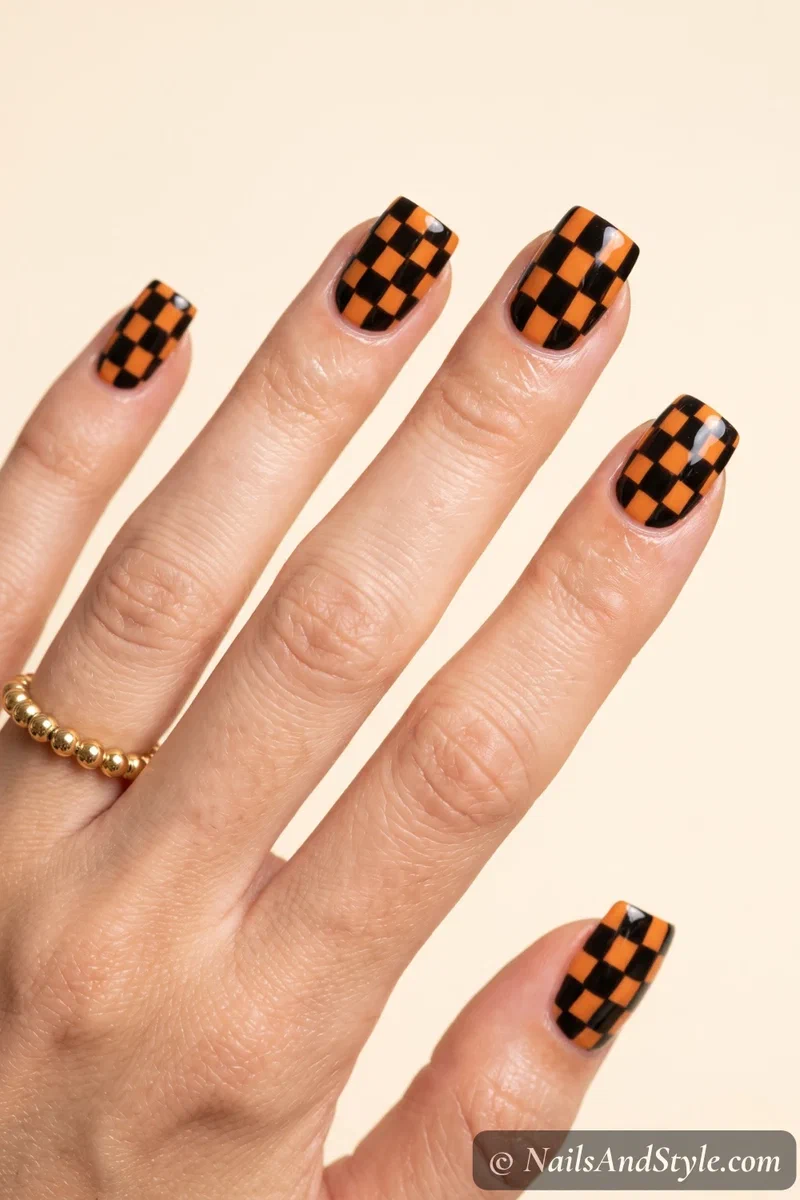 Square nails with a black and orange checkerboard pattern