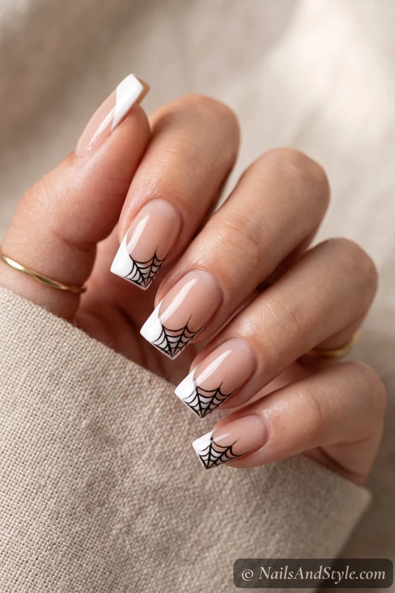 Square nails with a French tip and a small black spider web