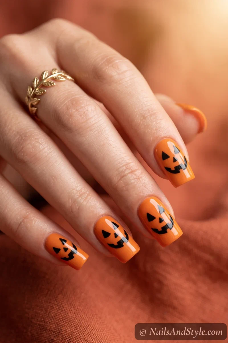 Square nails in glossy orange with a black jack-o-lantern face
