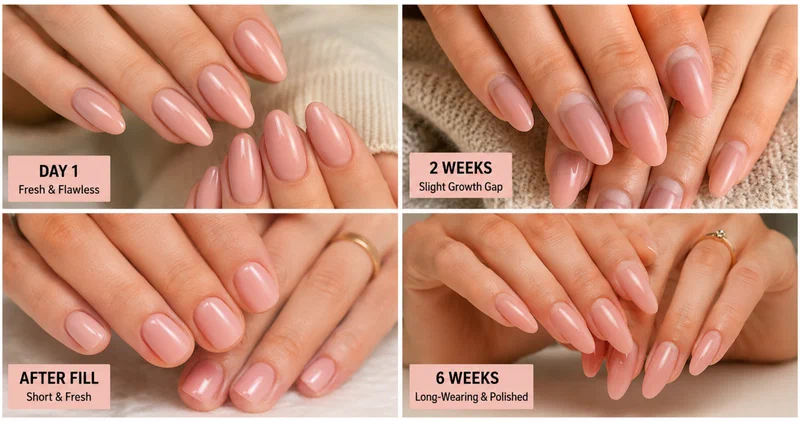 Collage showing acrylic nails at different stages from fresh application to needing a fill