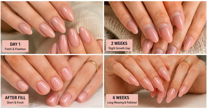 Collage showing acrylic nails at different stages from fresh application to needing a fill