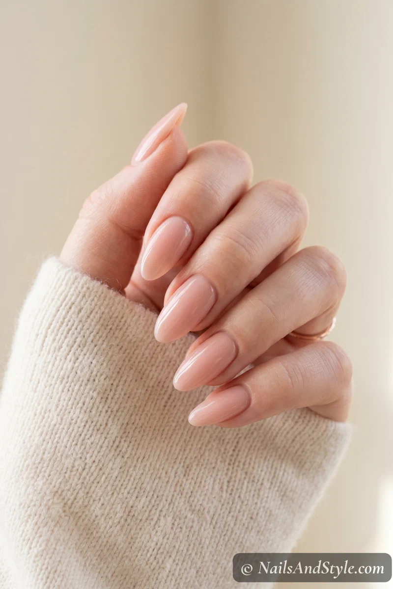 Freshly applied acrylic nails in a classic nude pink on almond-shaped nails