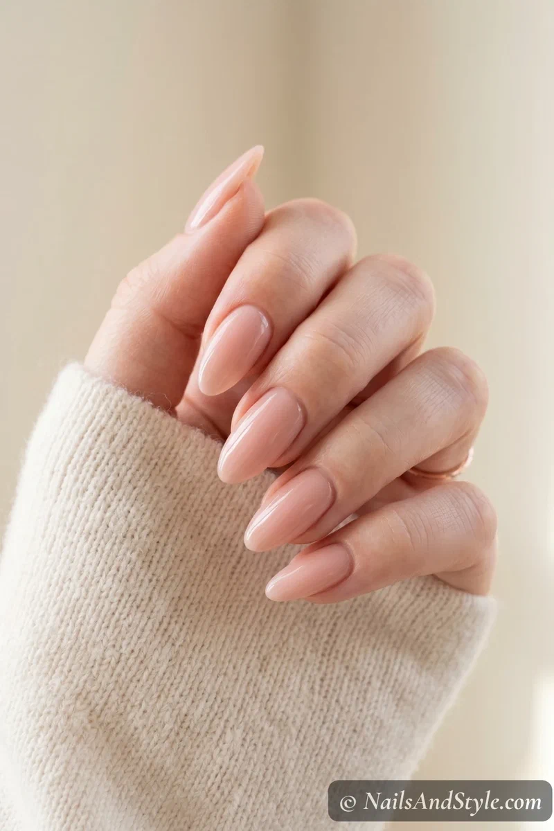 Freshly applied acrylic nails in a classic nude pink on almond-shaped nails