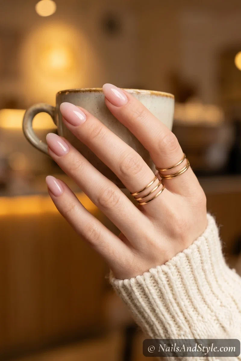 Short almond-shaped acrylic nails in a natural pink shade looking fresh and well-maintained