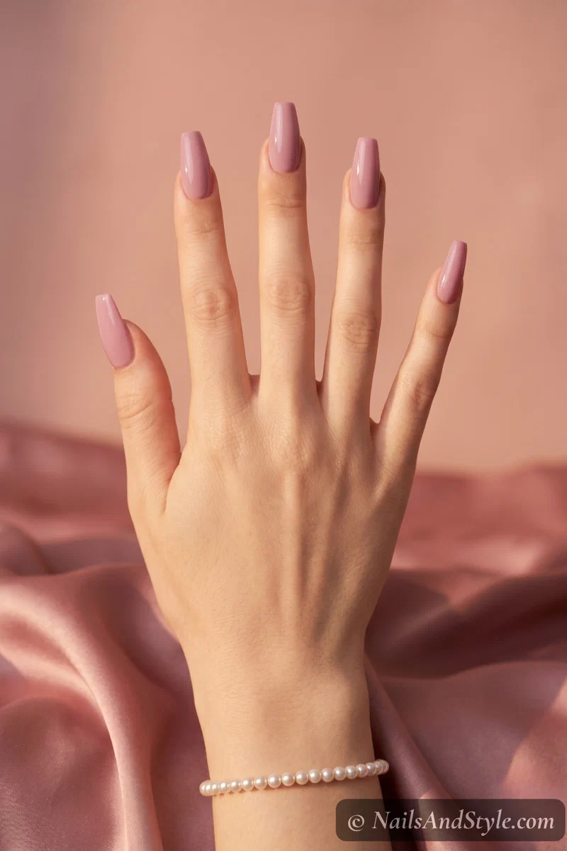 Well-maintained acrylic nails after six weeks with regular fills still looking glossy and fresh