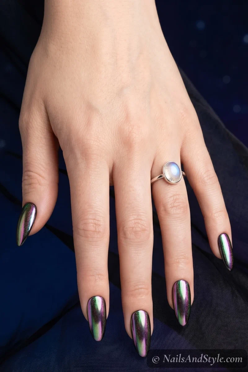 Aurora chrome nails showing green-purple-pink color shift on medium almond nails