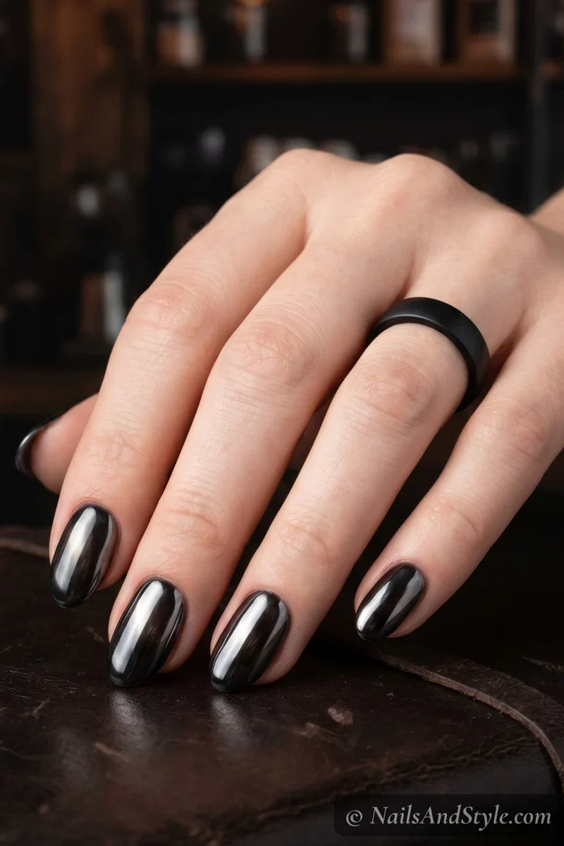 Black chrome nails with smoky dark mirror finish on short almond nails