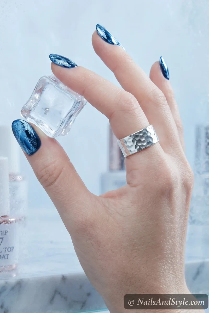 Icy blue chrome nails with deep metallic finish on short round nails