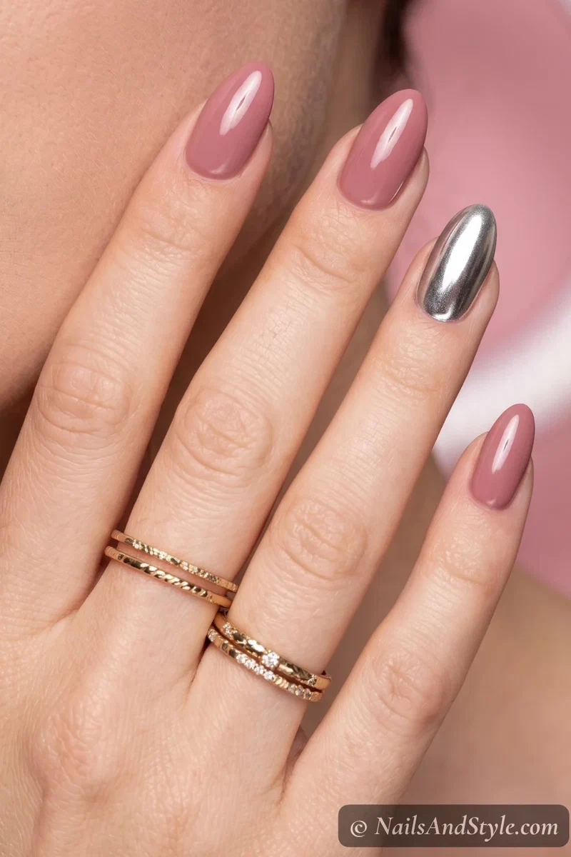 Chrome accent nail on ring finger with dusty rose gel on remaining nails