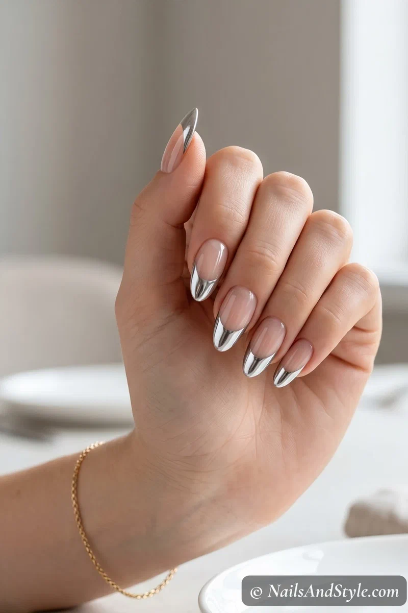 French manicure with silver chrome powder tips on medium almond nails