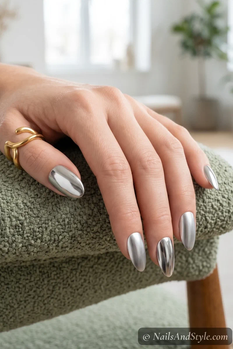 Alternating glossy mirror chrome and matte chrome finish on medium almond nails