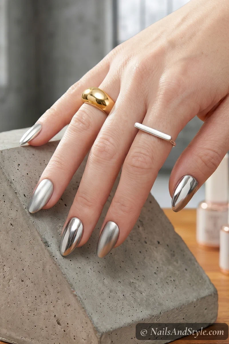 Alternating mirror chrome and matte chrome nails on medium almond nails