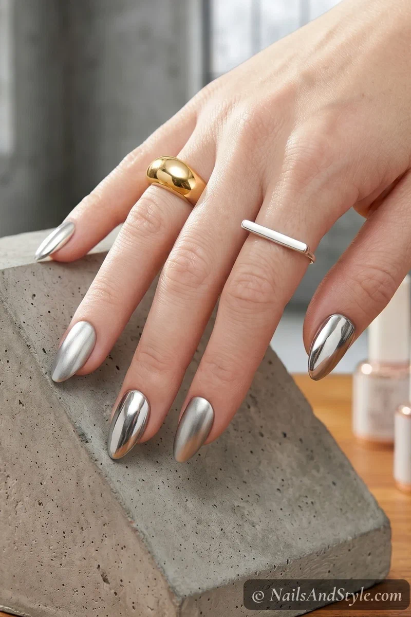 Alternating mirror chrome and matte chrome nails on medium almond nails