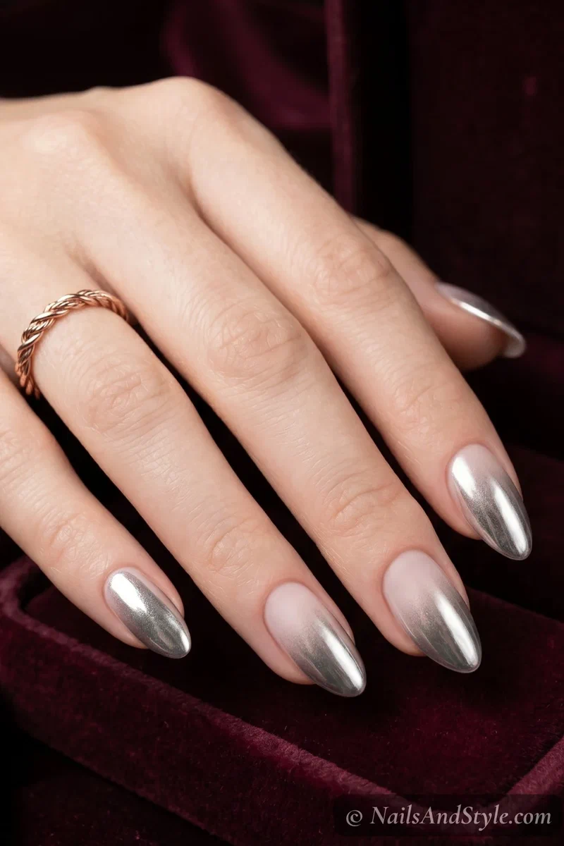 Chrome ombre fade from mirror tips to matte base on almond nails