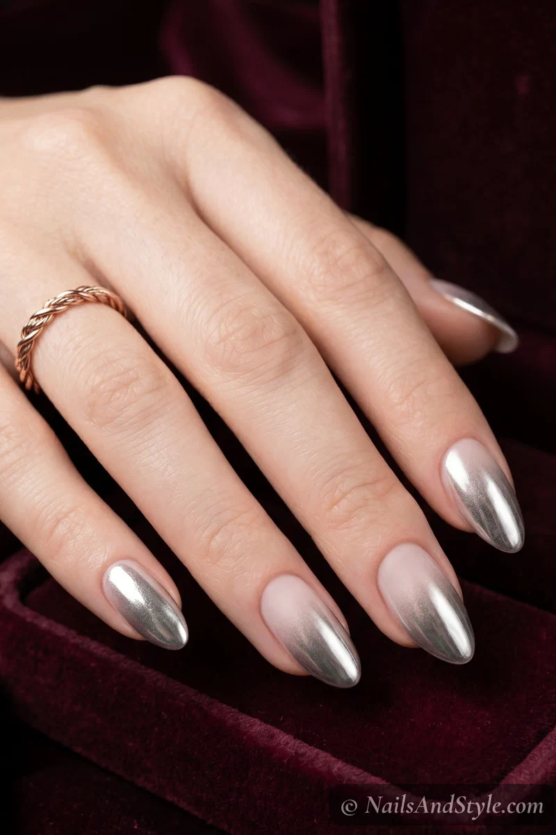 Chrome ombre fade from mirror tips to matte base on almond nails