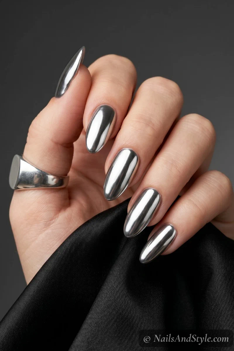 Classic silver mirror chrome nails with liquid metal finish on medium almond-shaped nails
