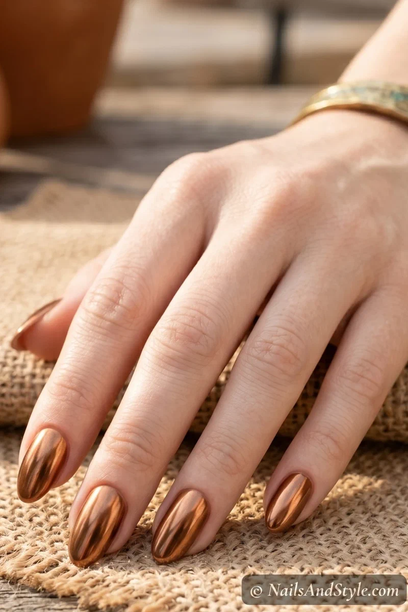 Copper chrome nails with warm earthy metallic finish on short almond nails