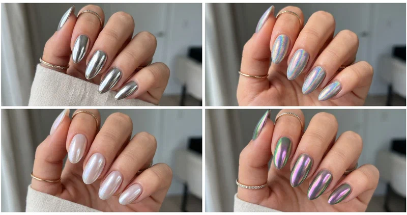 Collage of four chrome powder nail designs including silver mirror, holographic rainbow, glazed donut, and aurora chrome on almond nails