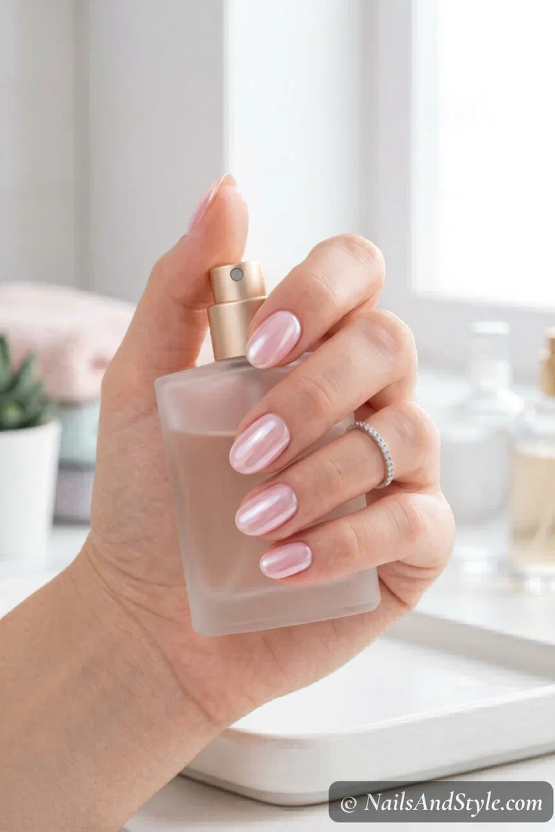 Glazed donut chrome nails with soft pearly glow on short oval nails