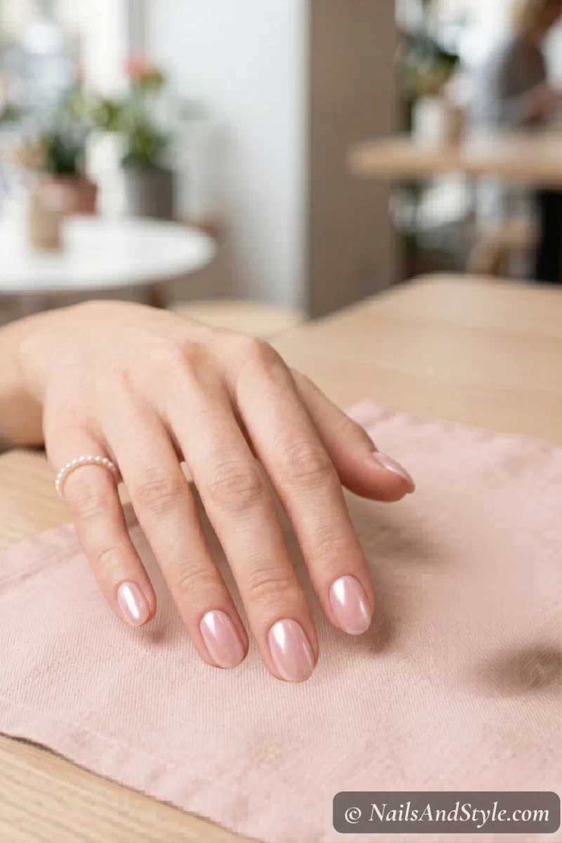 Glazed donut chrome nails with pearly translucent finish on short oval nails