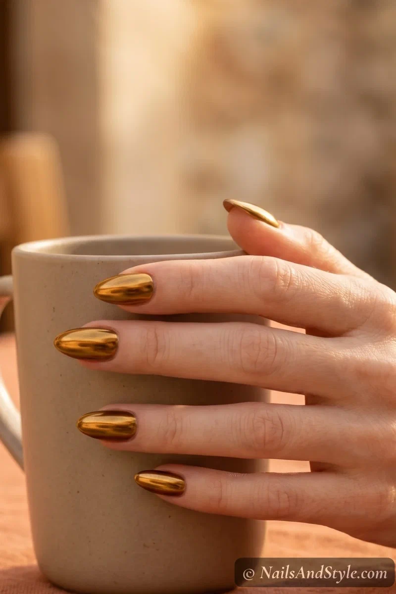 Rich gold chrome nails with deep metallic finish on medium almond nails
