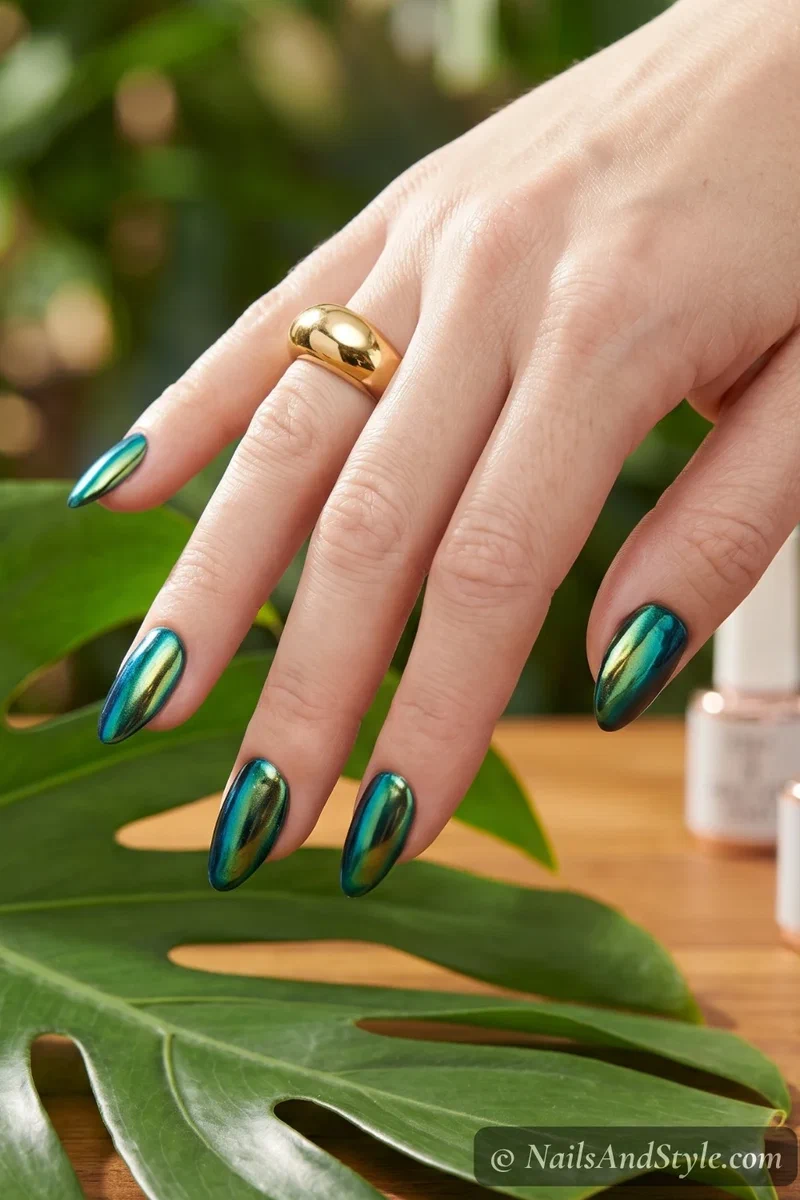 Green beetle chrome nails with iridescent green-gold shift on medium almond nails