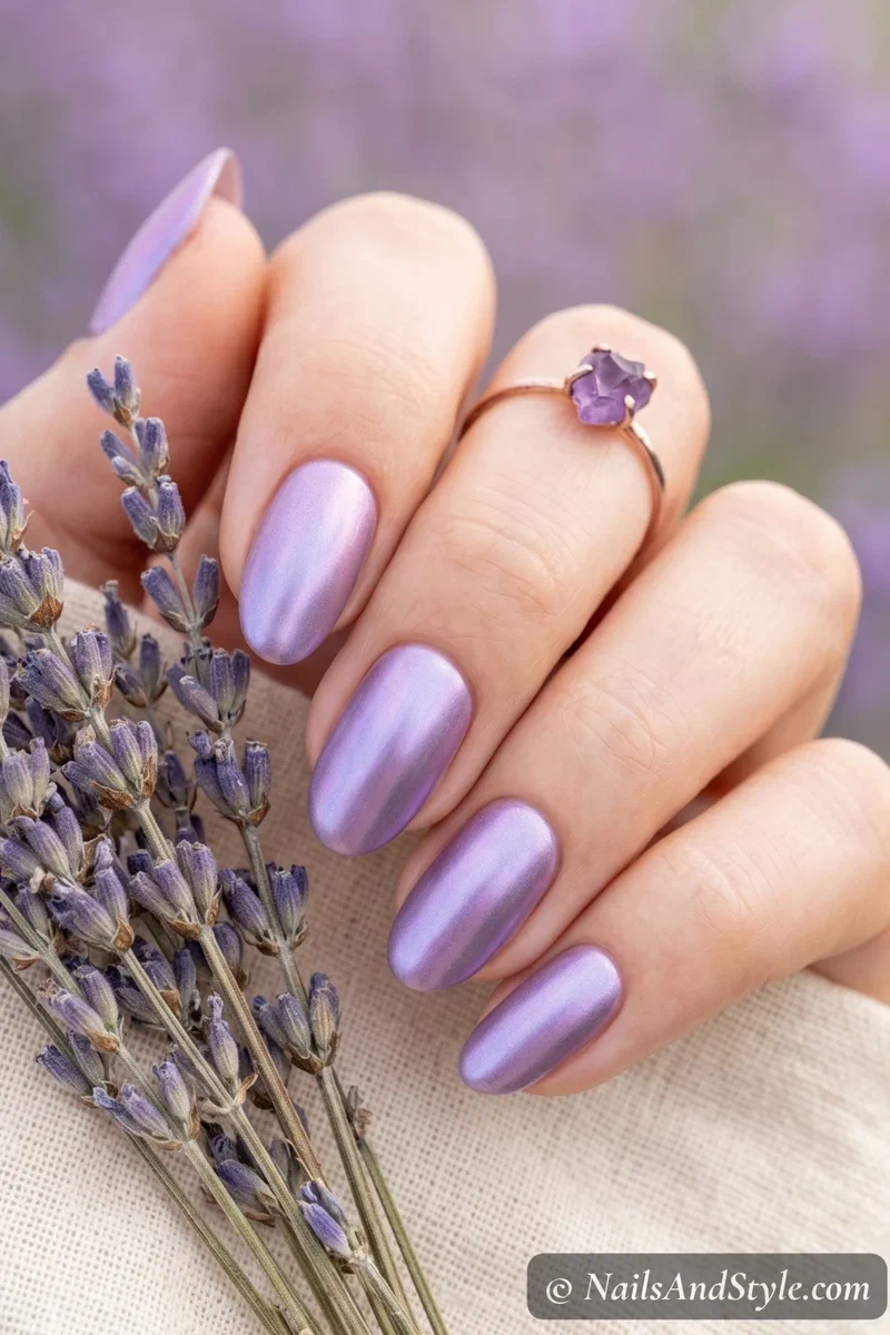 Lavender chrome nails with soft purple metallic shift on medium oval nails
