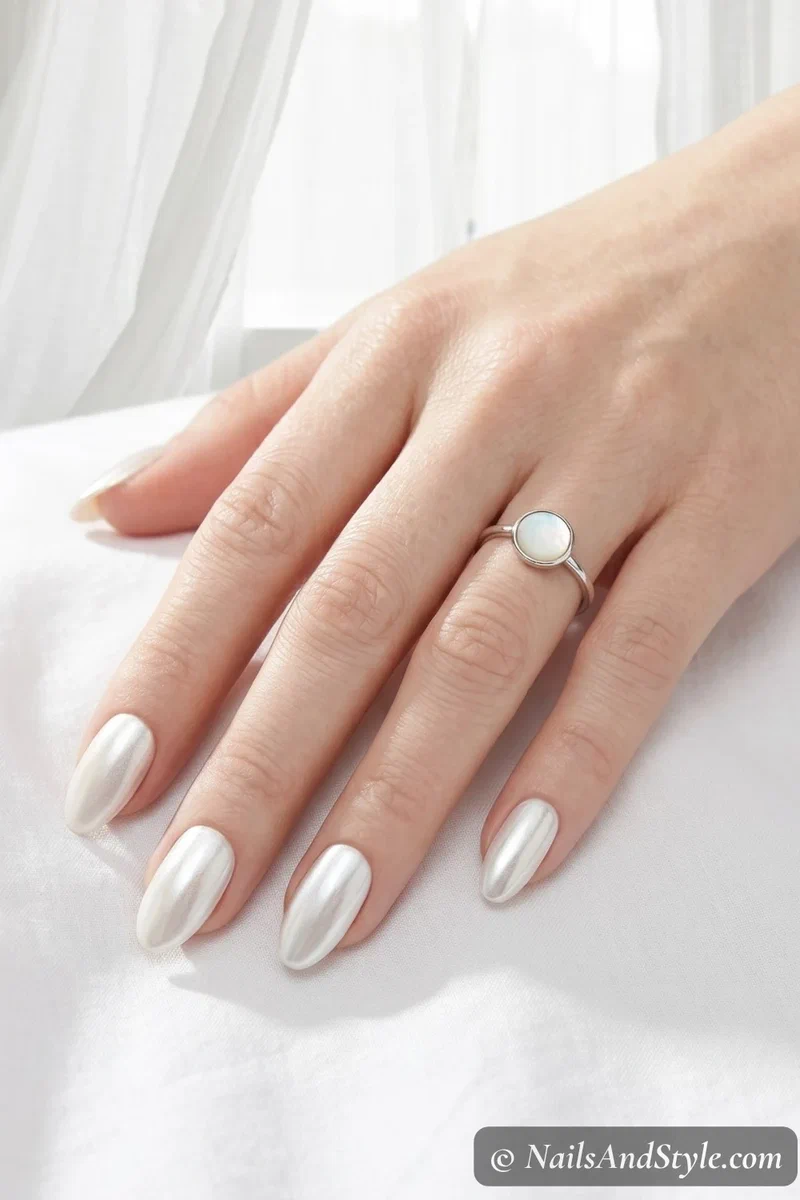 Pearl white chrome nails with icy opalescent finish on medium oval nails