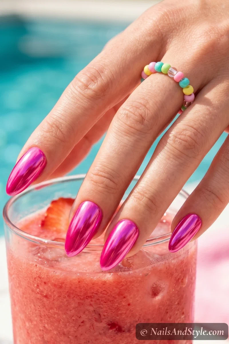 Hot pink chrome nails with metallic Barbie pink finish on medium almond nails