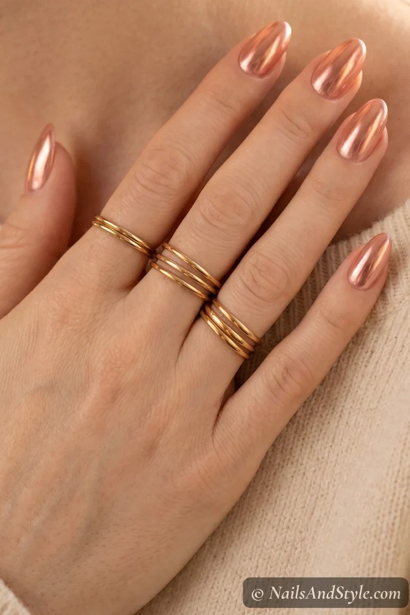 Rose gold chrome nails with warm metallic glow on short almond nails