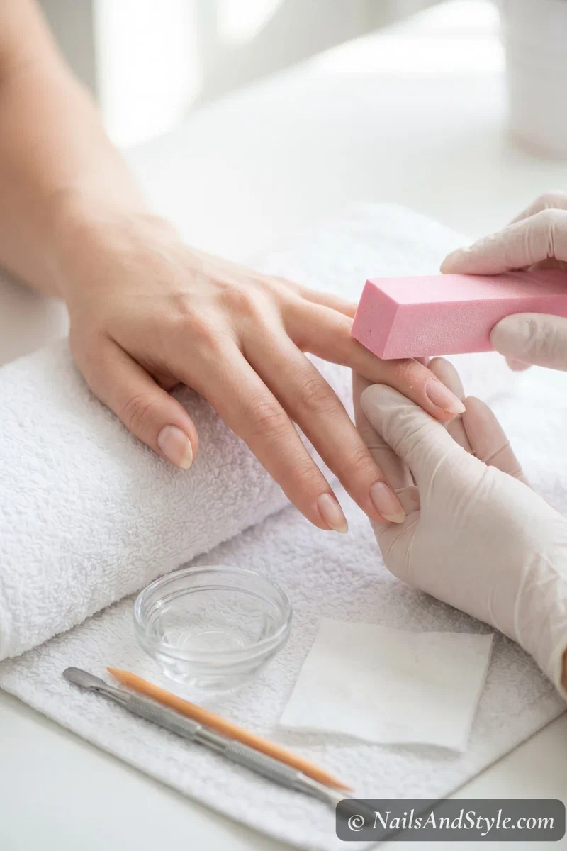 Hands prepping nails with a buffer and cuticle pusher on a clean white surface