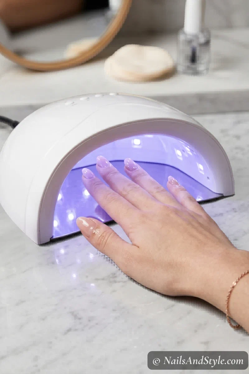 Fingers under an LED nail lamp curing gel base coat