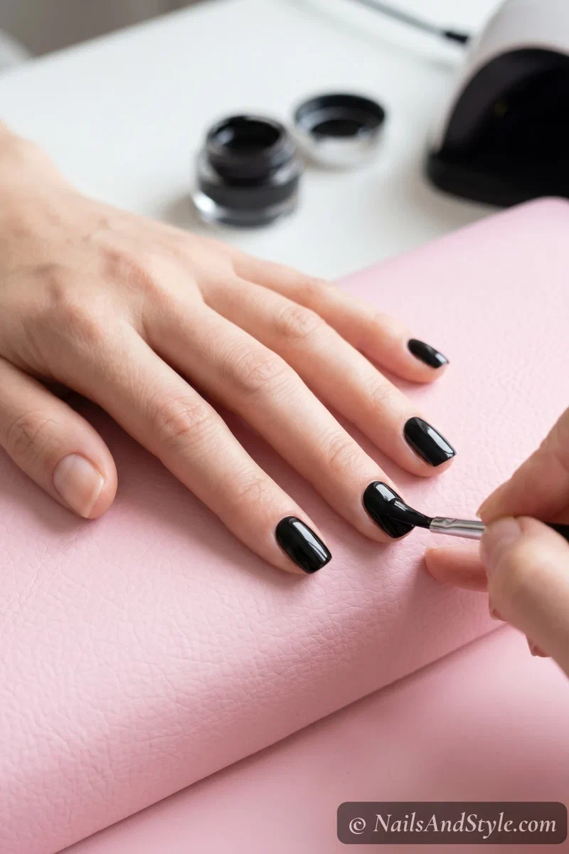 Applying black gel polish to nails with a thin brush for chrome base