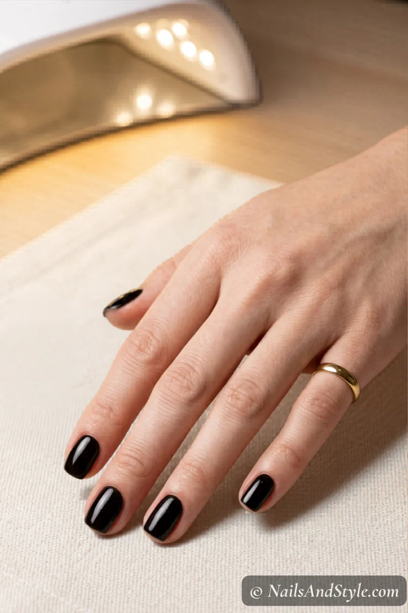Applying no-wipe gel top coat to nails before chrome powder application