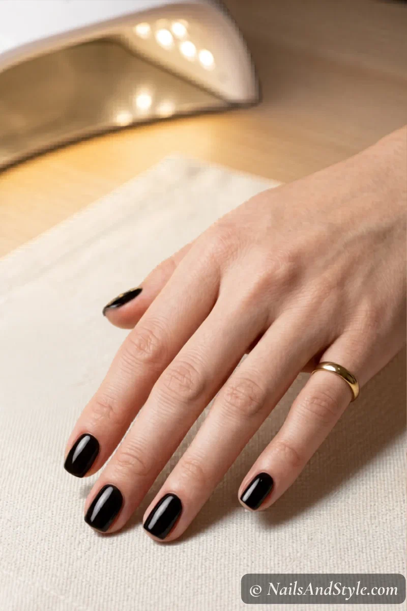 Applying no-wipe gel top coat to nails before chrome powder application