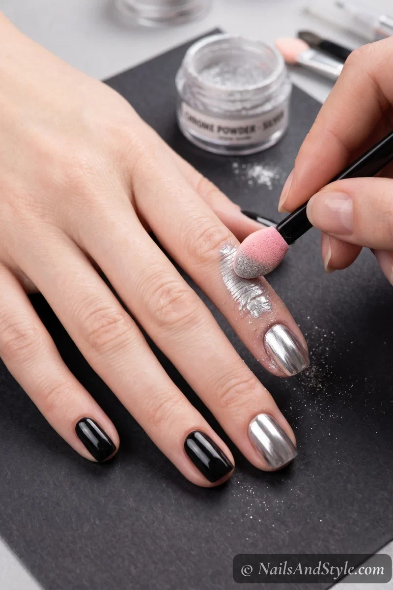 Rubbing silver chrome powder onto nail with an eyeshadow applicator in circular motion