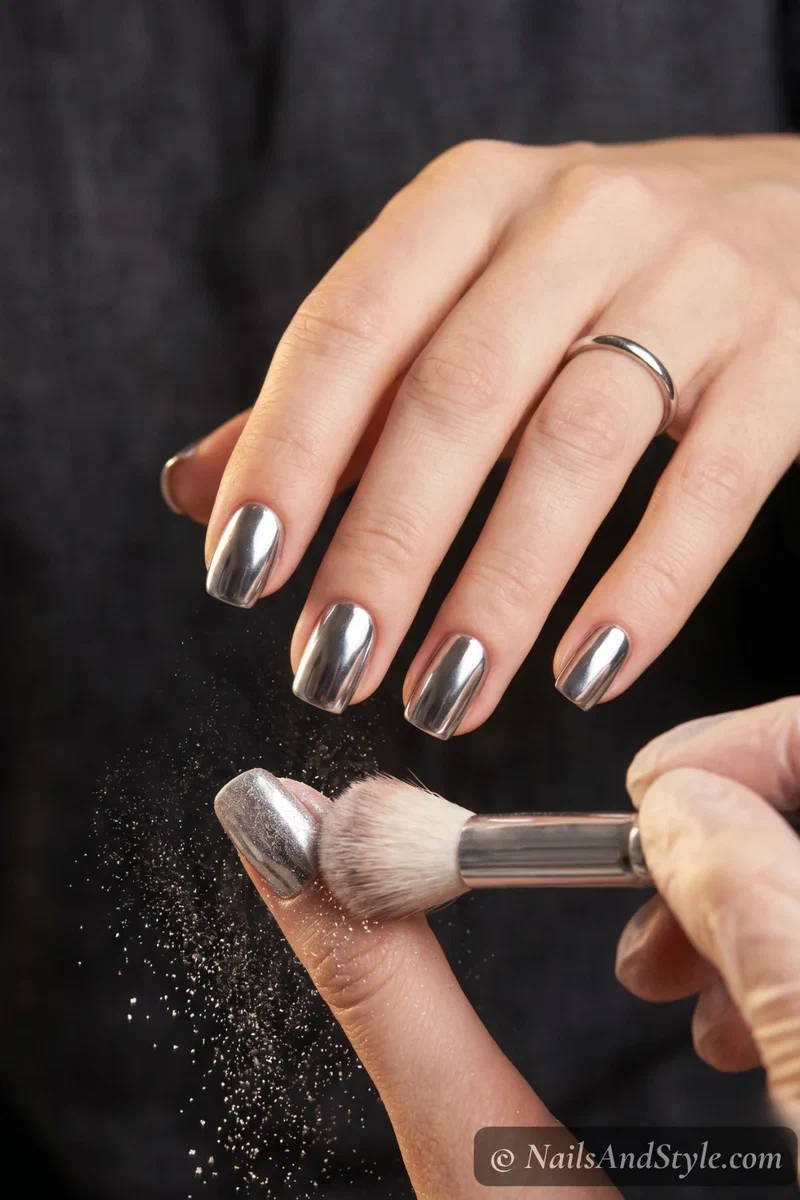 Buffed silver mirror chrome finish appearing on nails with excess powder being dusted off