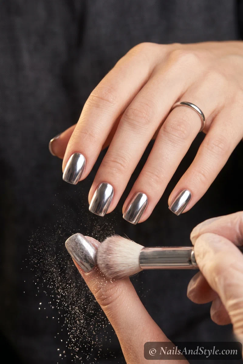 Buffed silver mirror chrome finish appearing on nails with excess powder being dusted off