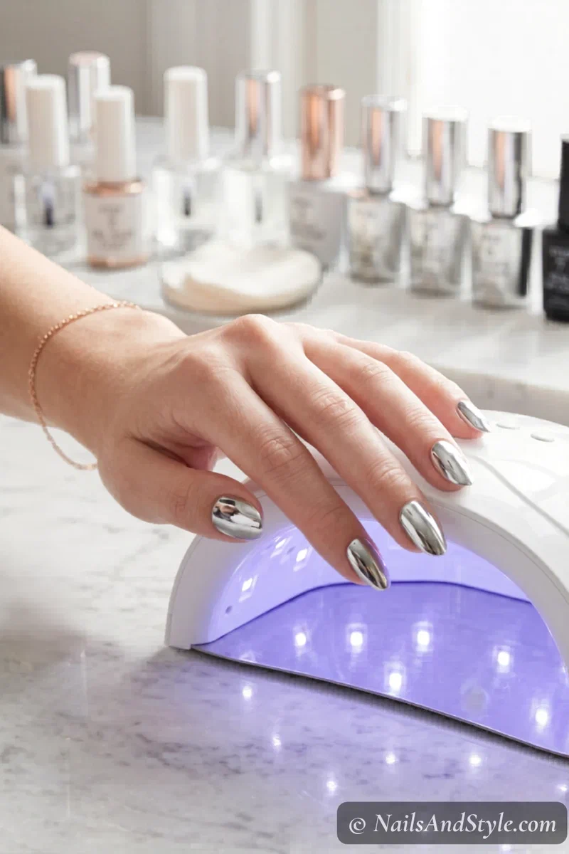 Finished silver mirror chrome nails sealed with gel top coat, high shine reflective finish