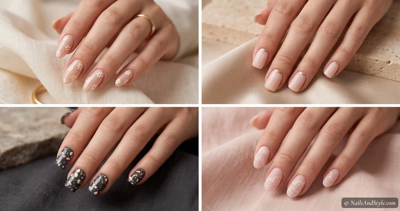 Collage of four long-lasting nail sticker looks — dainty daisy decals on nude, a single gold-foil accent, a colorful abstract full wrap, and fine lace decals on sheer pink