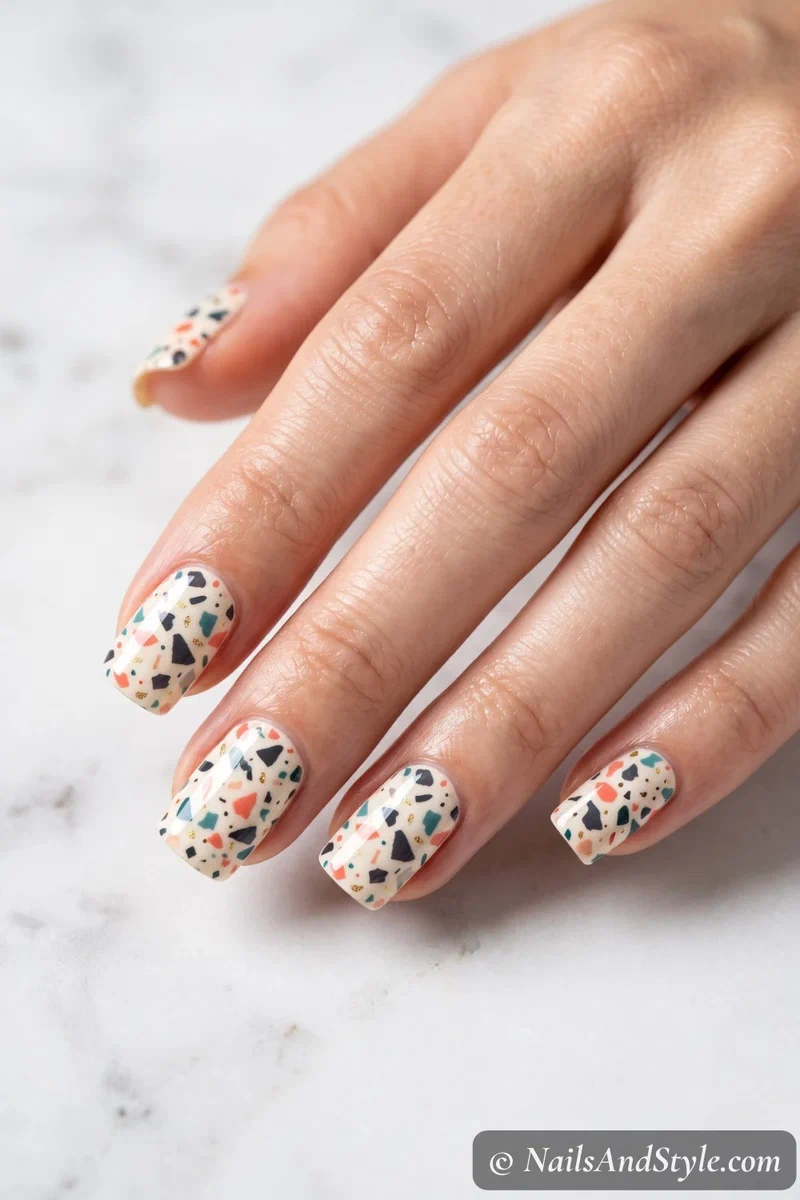 Colorful abstract terrazzo-style full nail wrap with a glossy finish on short square nails