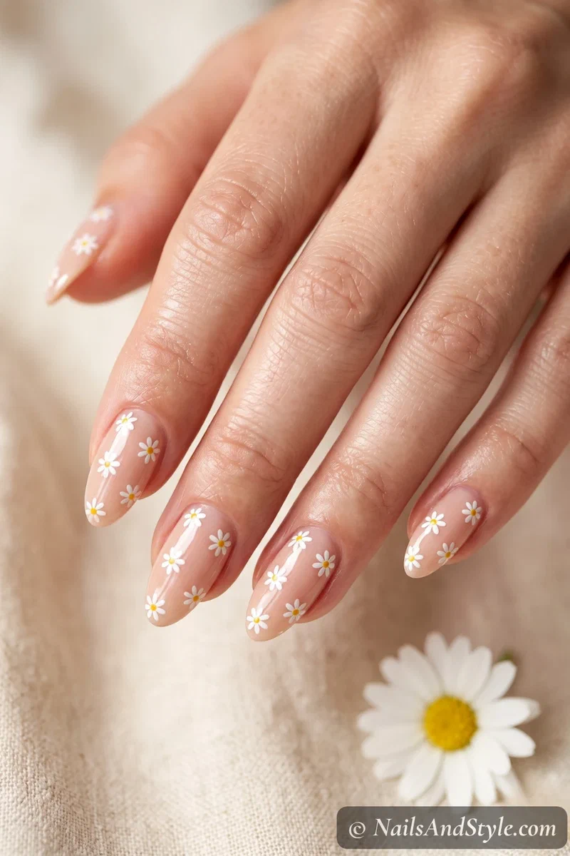 Dainty white daisy decals on a soft nude base with a glossy finish on almond nails
