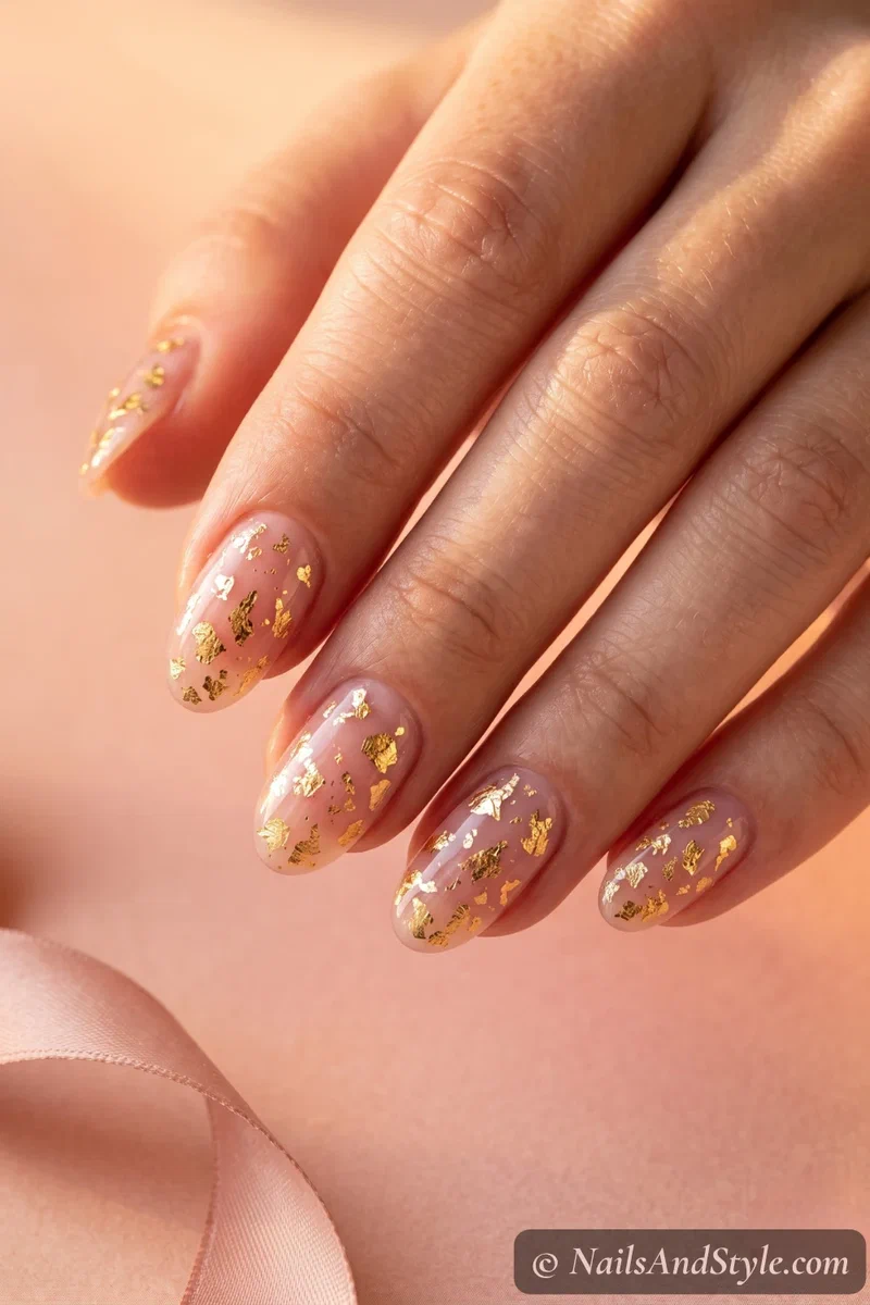 Gold foil flake accents scattered over a sheer pink base with a glossy finish on oval nails