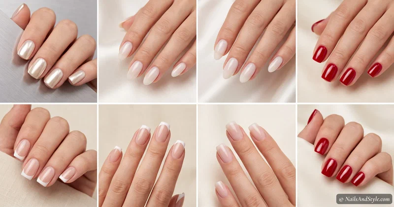 Collage of four semi-cured gel nail strip looks — milky white, classic French tips, glazed chrome, and glossy cherry red