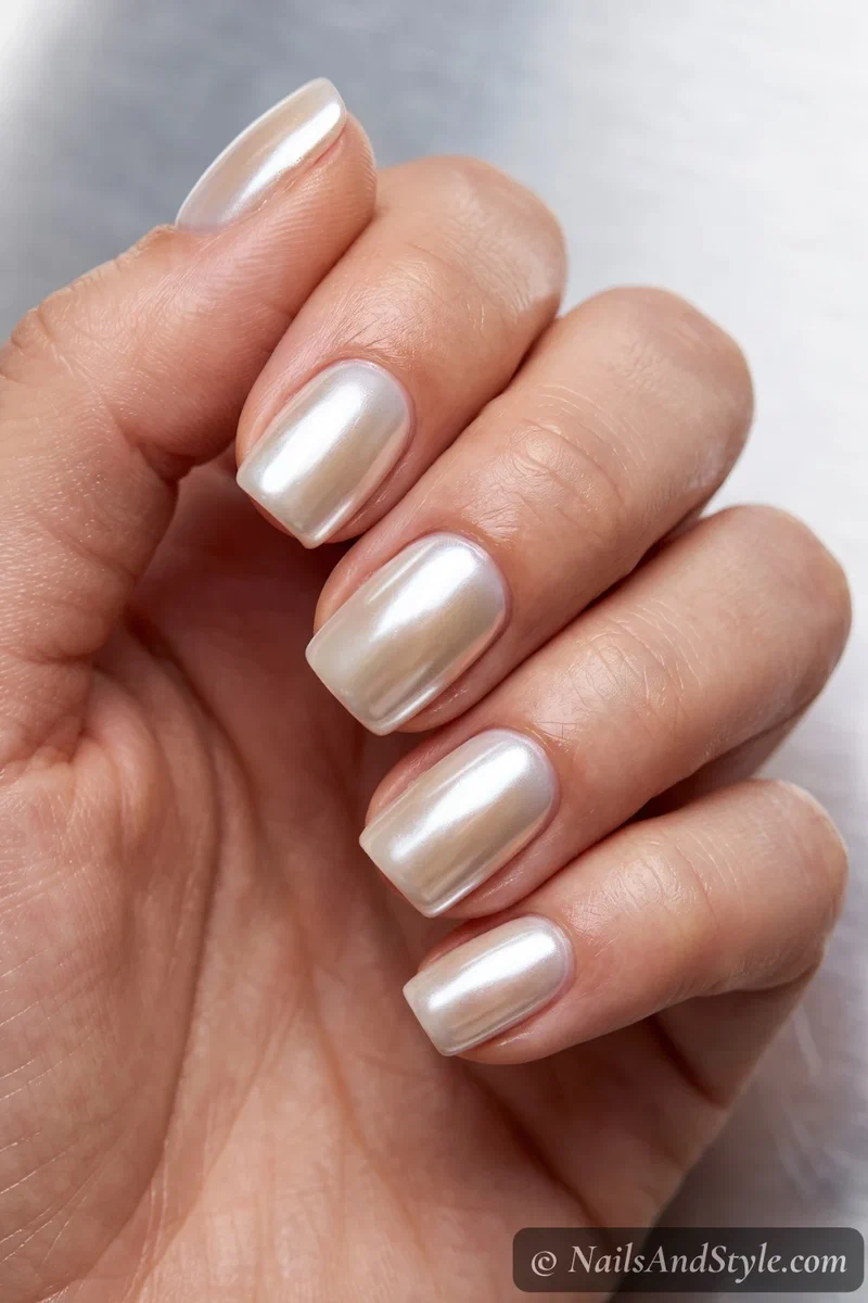 Pearly glazed chrome semi-cured gel nails shifting between white and champagne on short square nails