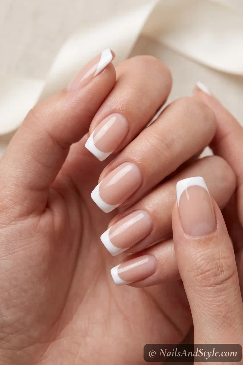 Classic French manicure with a nude base and crisp white tips in glossy gel on medium nails