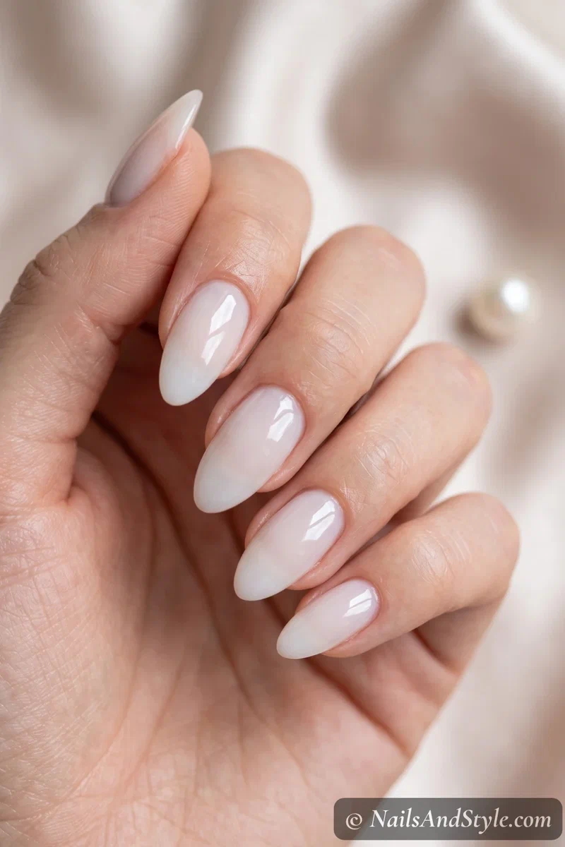 Sheer milky white semi-cured gel nails with a glossy finish on almond nails