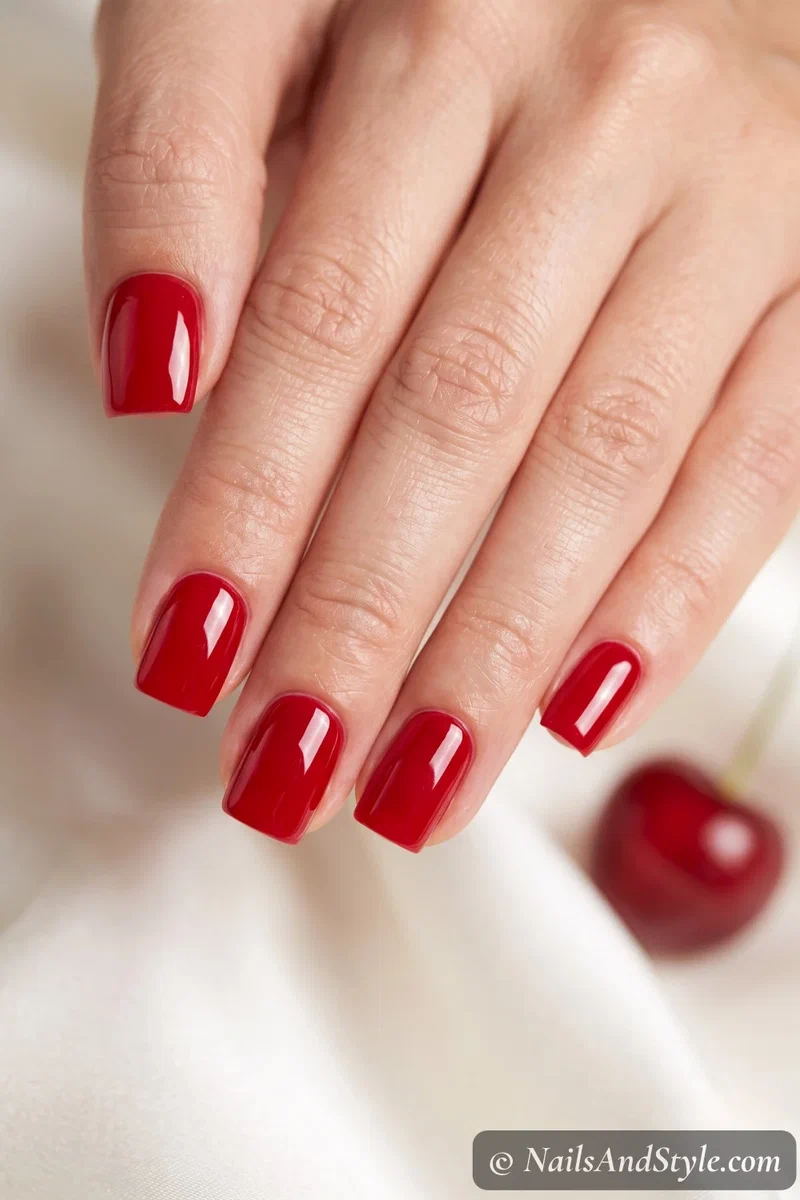 High-shine cherry red semi-cured gel nails on short square nails