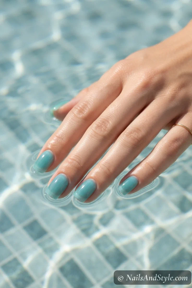 Sheer aqua jelly nails on squoval short nails