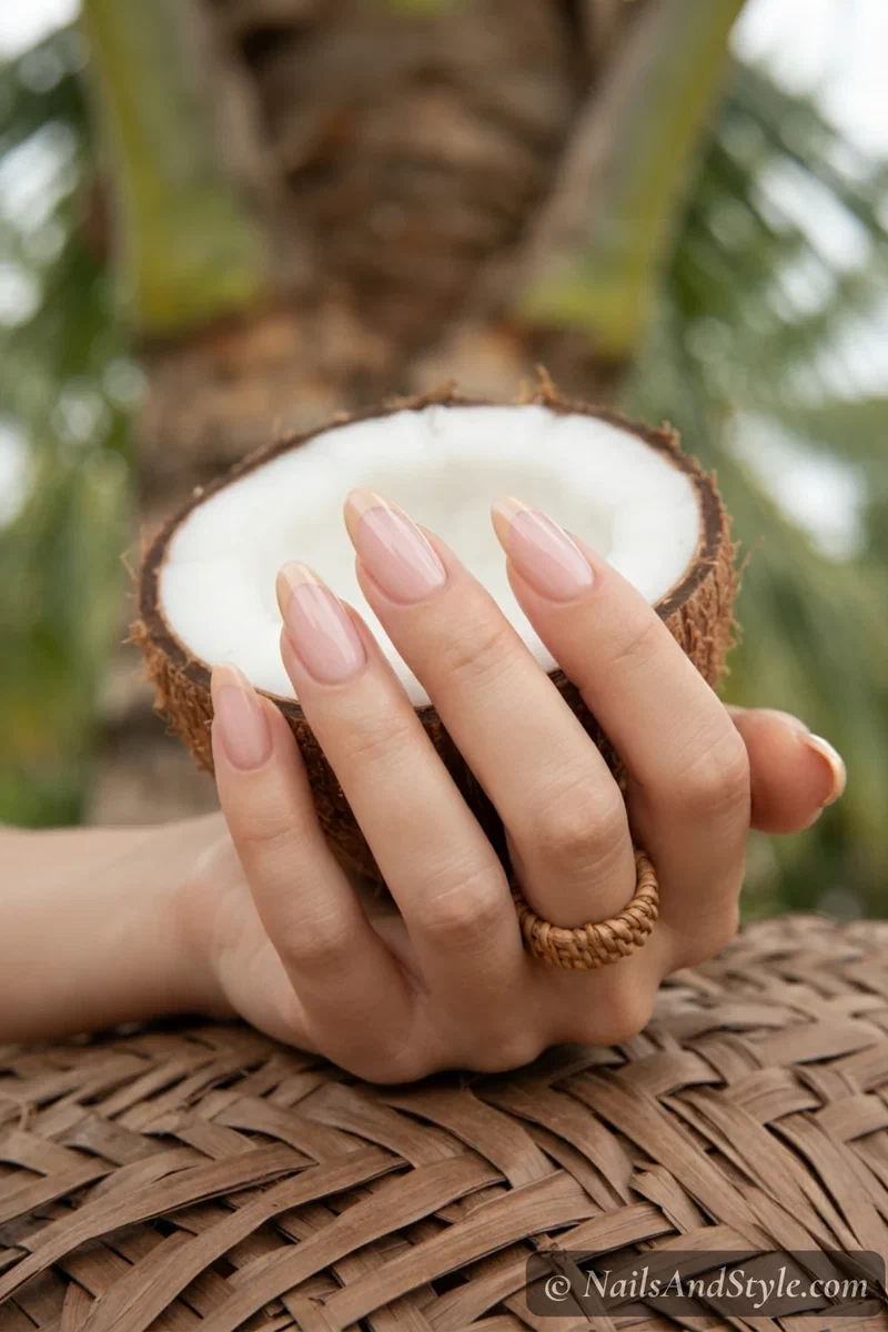 Pink nude nails with warm cream French tips
